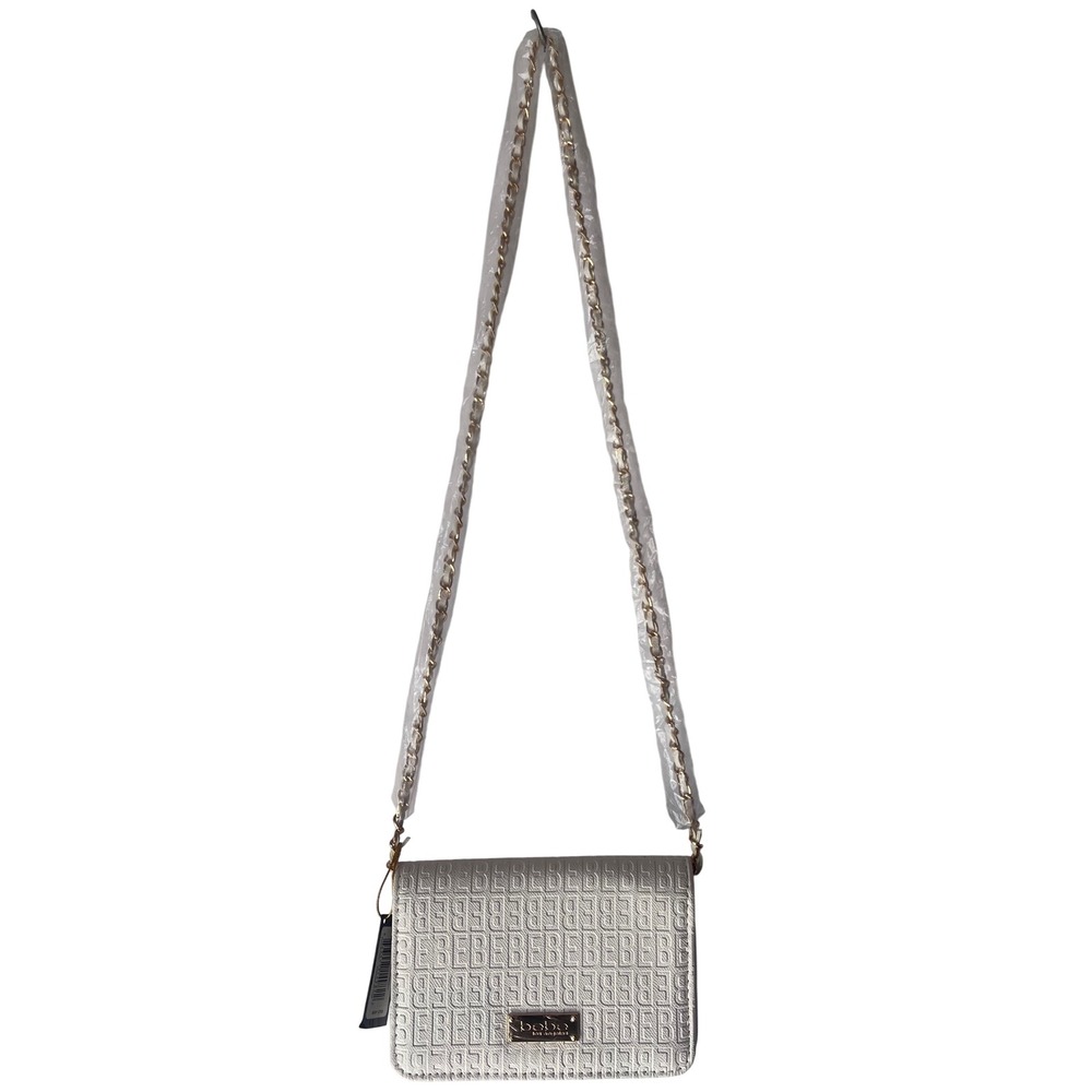Bebe Los Angeles Crossbody Bag, Embossed Logo Pattern Chain Strap Off White NWT